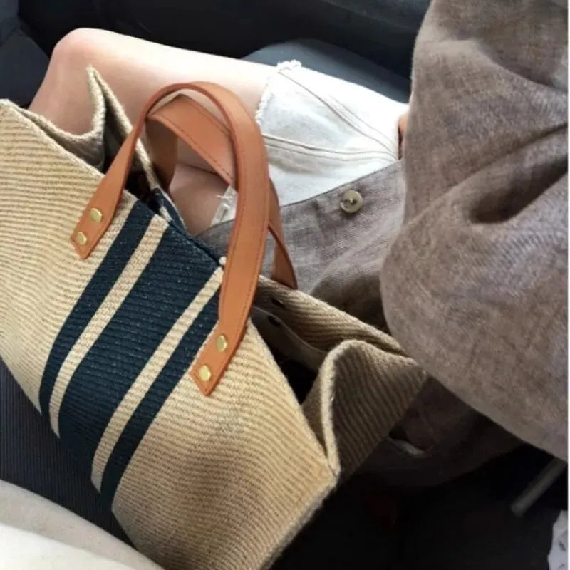 Simple Canvas Stripe Decor Bucket Handbags Women Top Handle Tote Bag