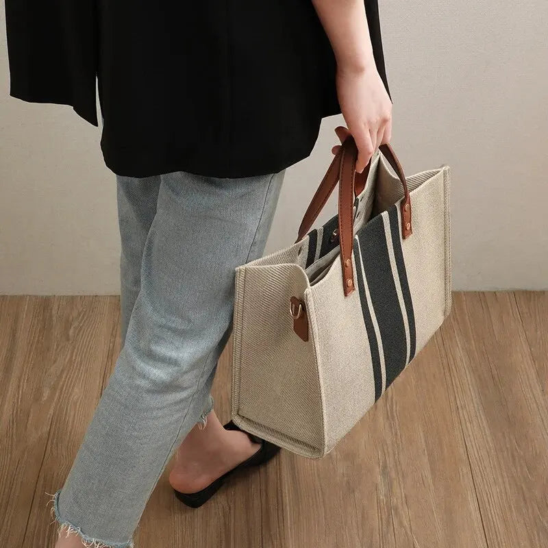 Simple Canvas Stripe Decor Bucket Handbags Women Top Handle Tote Bag