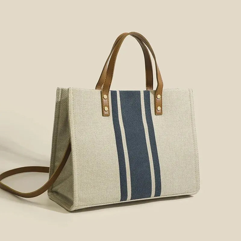 Simple Canvas Stripe Decor Bucket Handbags Women Top Handle Tote Bag