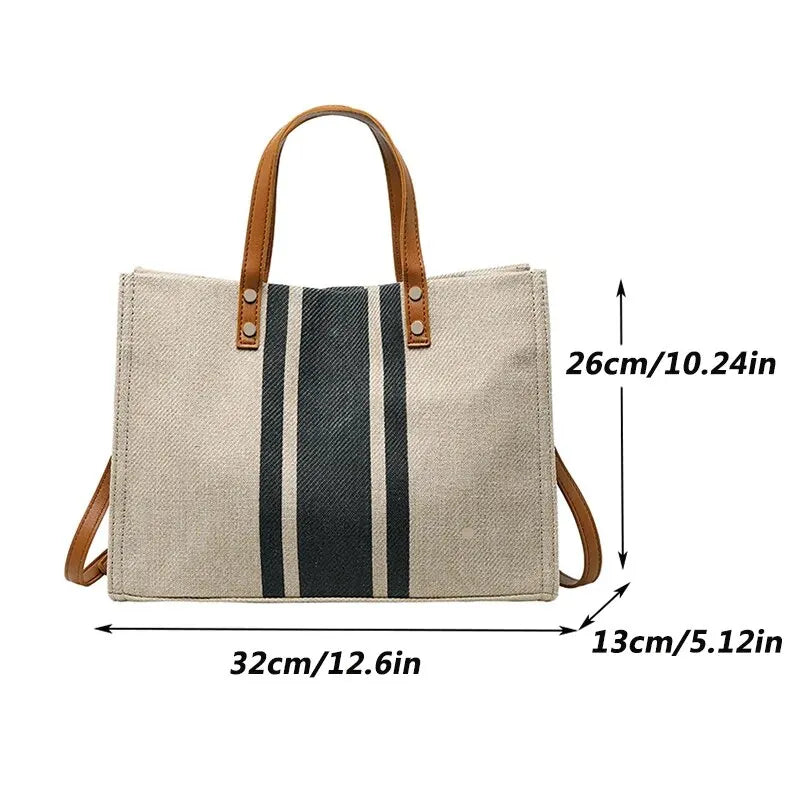 Simple Canvas Stripe Decor Bucket Handbags Women Top Handle Tote Bag