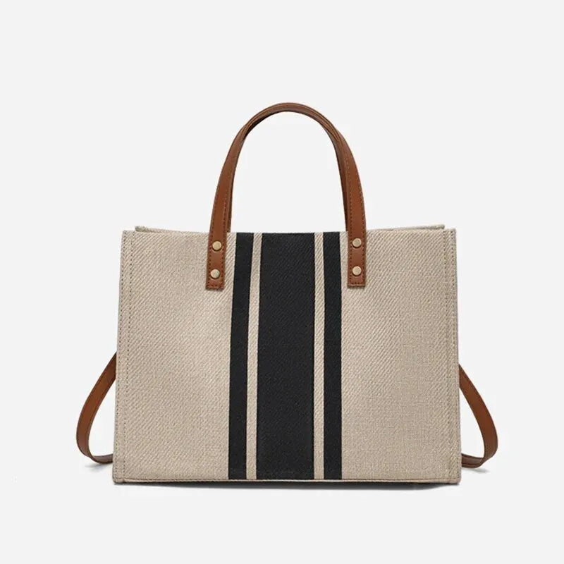 Simple Canvas Stripe Decor Bucket Handbags Women Top Handle Tote Bag