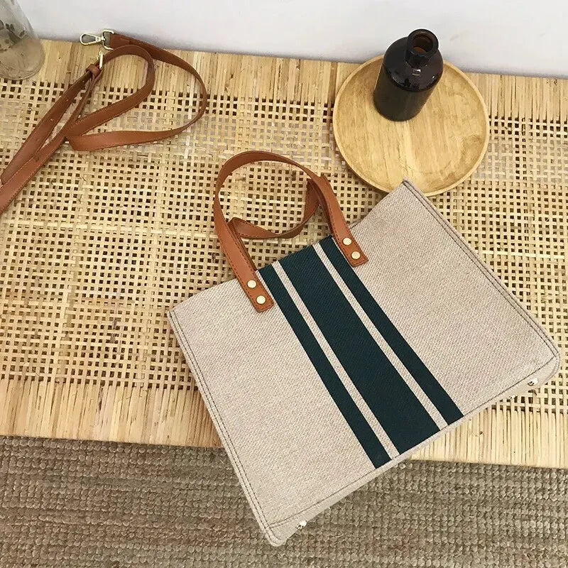 Simple Canvas Stripe Decor Bucket Handbags Women Top Handle Tote Bag